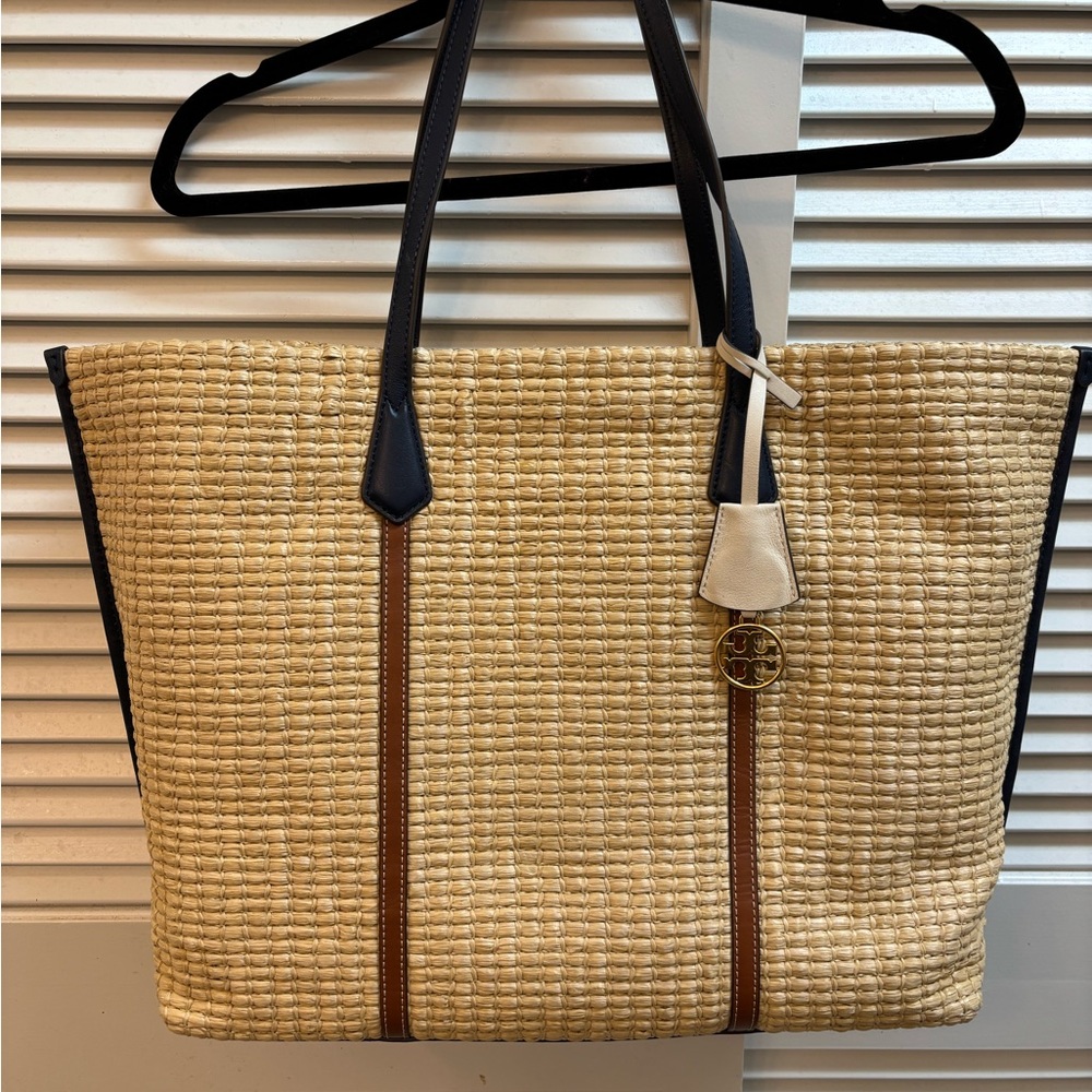 Tory Burch Tan and Navy seagrass and leather Tote